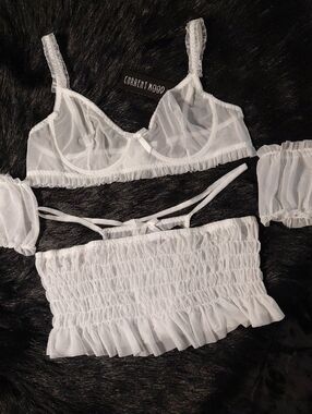 DOLLSKILL Current Mood 1X White Sheer Mesh Lingerie Set with Smocked Bandeau